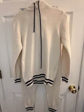 Ivory Turtleneck Hoodie Sweater Set with Navy Stripe Trim